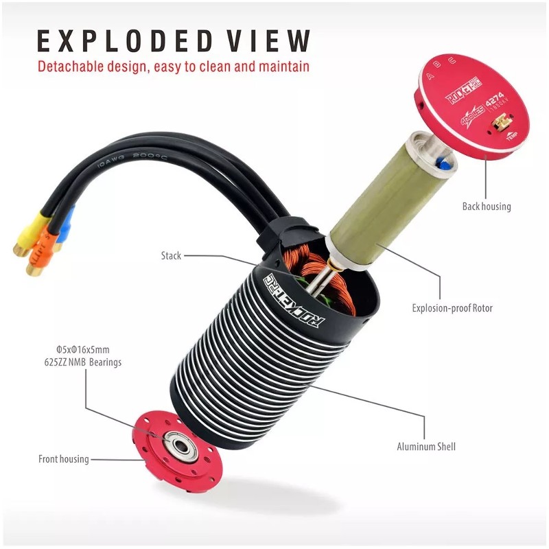 3674 2500KV Brushless Motor For 1/8 & 1/10 RC Cars - 4-Pole, 1900W, With Temperature Sensor